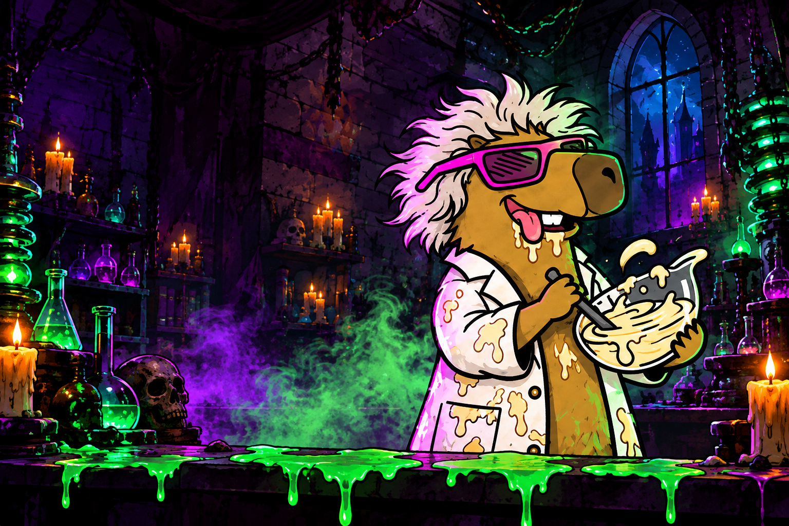 Professor Wumms mit wilden weißen Haaren, pinker Sonnenbrille und Laborkittel rührt einen Dip im neonleuchtenden Halloween-Labor.